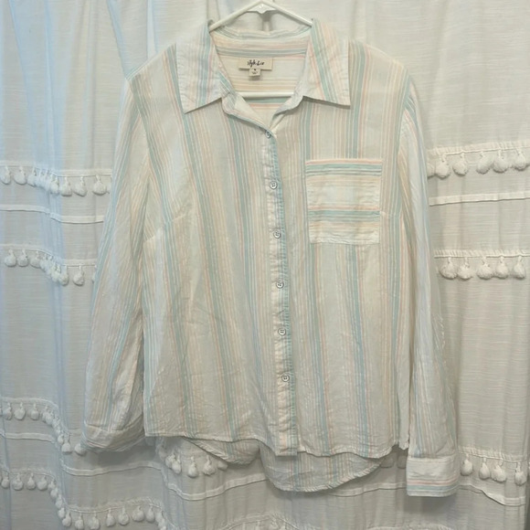 Style & Co long sleeve button down stripe pastel pink blue peach M - Picture 7 of 9